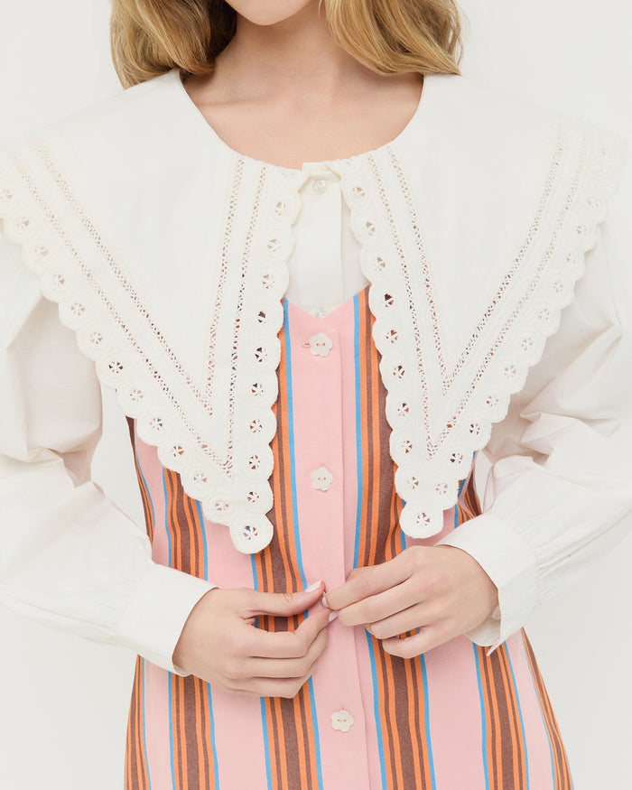 Tova sleeveless mini button-up dress in pink multi striped cotton-linen and Ken Shirt in white cotton.
