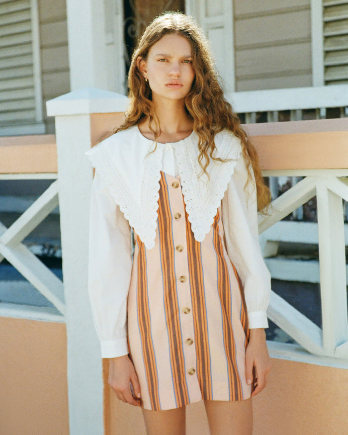 Tova sleeveless mini button-up dress in pink multi striped cotton-linen and Ken Shirt in white cotton.
