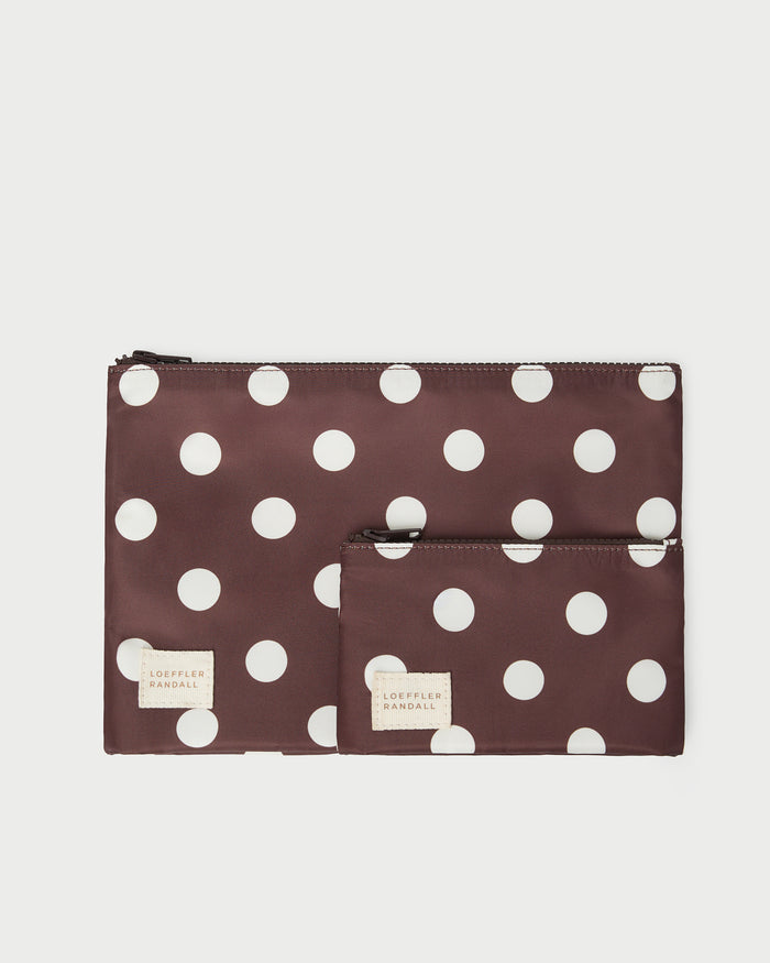 Tracy Brown/Cream Pouch Set in brown and cream polka dot.