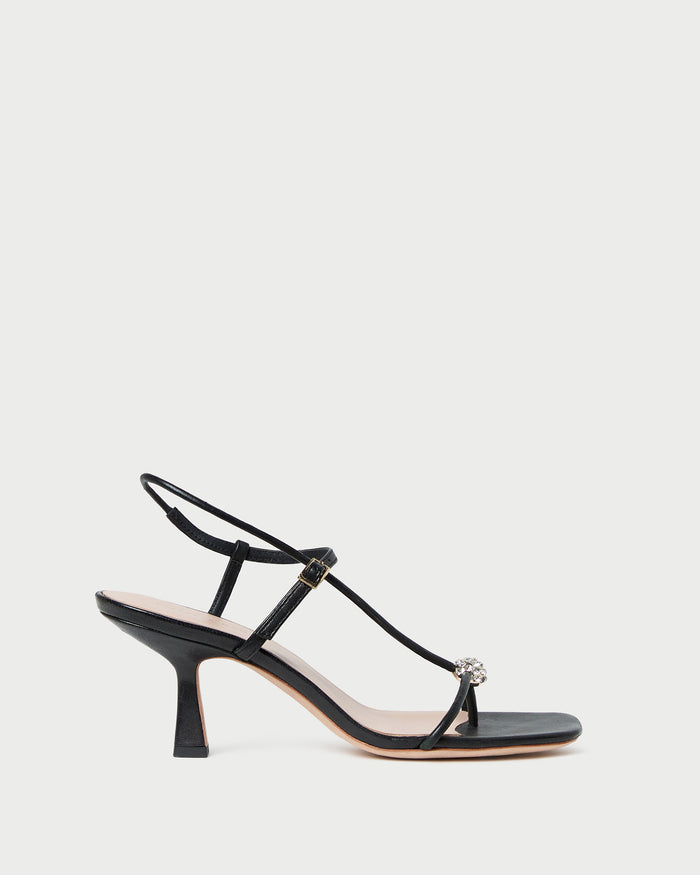 Triana Black/Crystal Mid-Heel Sandal in black leather with a crystal ball accent.