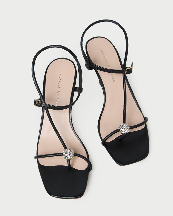 Triana Black/Crystal Mid-Heel Sandal in black leather with a crystal ball accent.