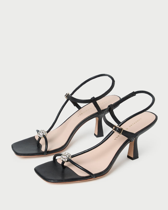 Triana Black/Crystal Mid-Heel Sandal in black leather with a crystal ball accent.