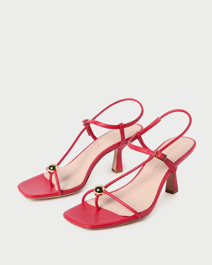Triana Red Leather Mid-Heel Sandal in red leather.
