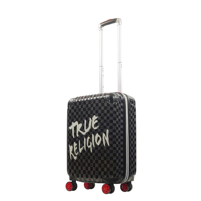 True Religion 22.5" Iconic Big Logo black checkered carry-on hard sided expandable luggage suitcase durable, fast and effort-free transportation with 360° spinner wheels. Officially licensed True Religion.