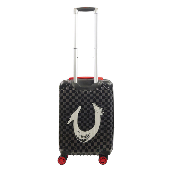 True Religion 22.5" Iconic Big Logo black checkered carry-on hard sided expandable luggage suitcase durable, fast and effort-free transportation with 360° spinner wheels. Officially licensed True Religion. Back view.