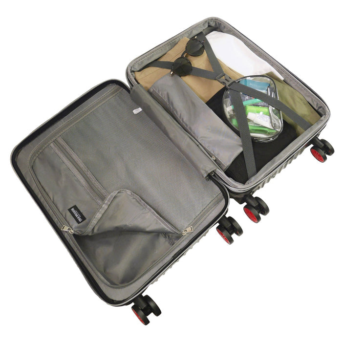 True Religion 22.5" Iconic Big Logo black checkered carry-on hard sided expandable luggage suitcase durable, fast and effort-free transportation with 360° spinner wheels. Officially licensed True Religion. Interior capacity.