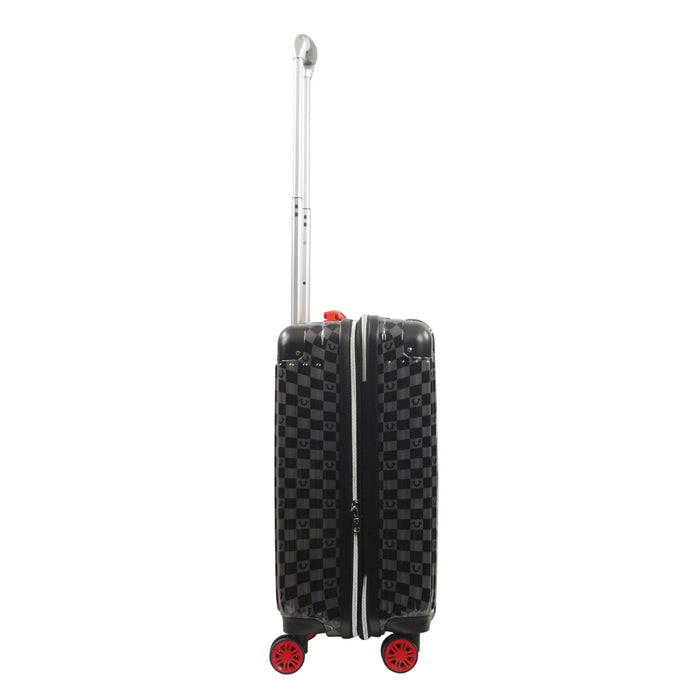 True Religion 22.5" Iconic Big Logo black checkered carry-on hard sided expandable luggage suitcase durable, fast and effort-free transportation with 360° spinner wheels. Officially licensed True Religion. Side view.
