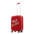 True Religion 22.5" Iconic Big Logo red checkered carry-on hard sided expandable luggage suitcase durable, fast and effort-free transportation with 360° spinner wheels. Officially licensed True Religion. Angled.