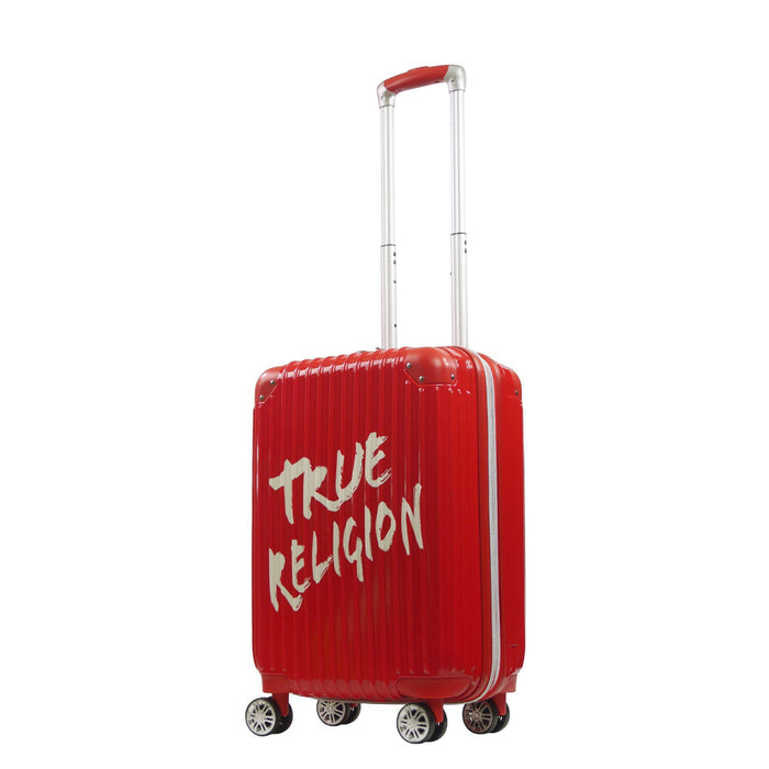 True Religion 22.5" Iconic Big Logo red checkered carry-on hard sided expandable luggage suitcase durable, fast and effort-free transportation with 360° spinner wheels. Officially licensed True Religion. Angled.
