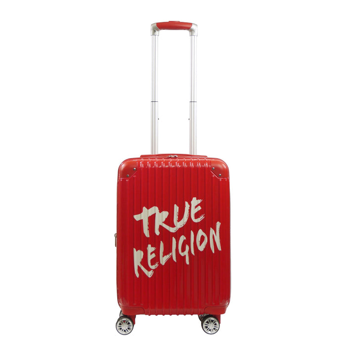 True Religion 22.5" Iconic Big Logo red checkered carry-on hard sided expandable luggage suitcase durable, fast and effort-free transportation with 360° spinner wheels. Officially licensed True Religion. Front.