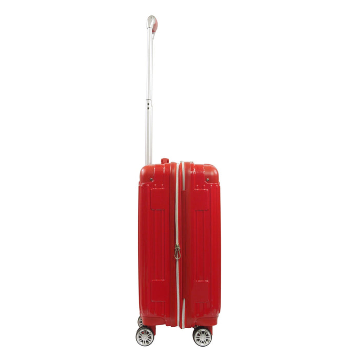 True Religion 22.5" Iconic Big Logo red checkered carry-on hard sided expandable luggage suitcase durable, fast and effort-free transportation with 360° spinner wheels. Officially licensed True Religion. Side view.