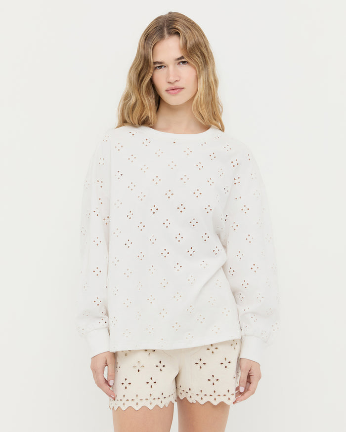 Twilla Embroidered Jersey Top in Cream and Dover Embroidered Short in natural tan denim.