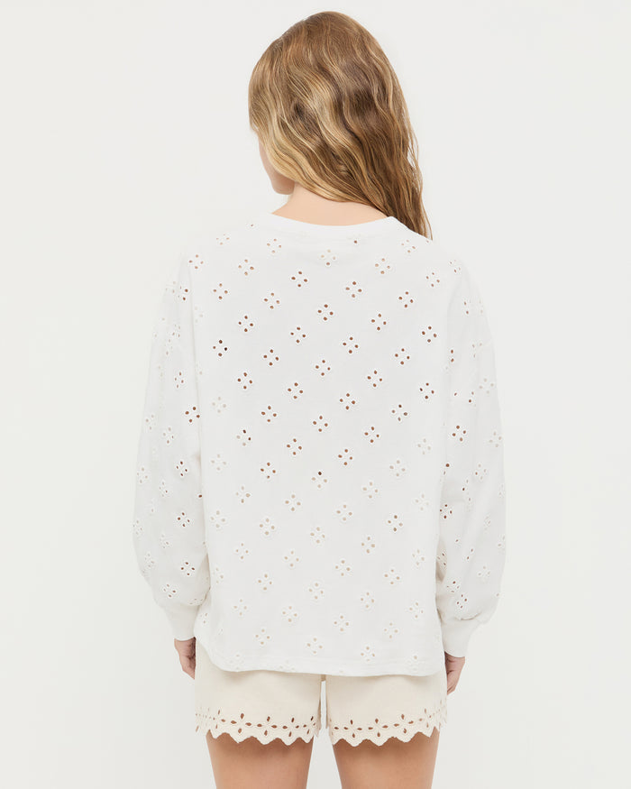 Twilla Embroidered Jersey Top in Cream and Dover Embroidered Short in natural tan denim.