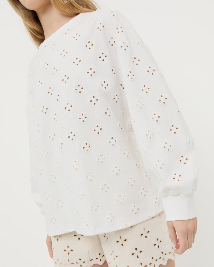 Twilla Embroidered Jersey Top in Cream and Dover Embroidered Short in natural tan denim.