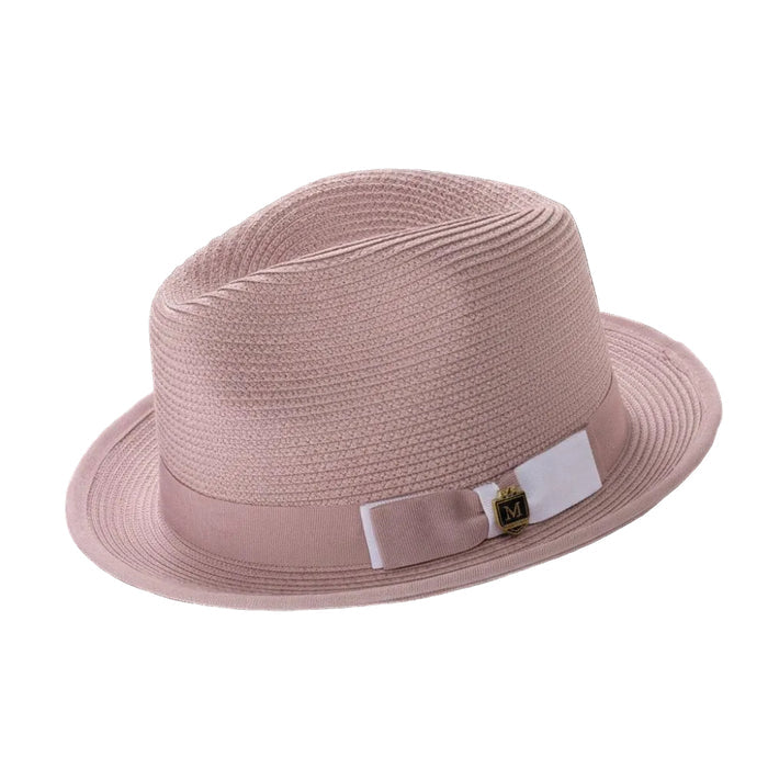 Blush and white braided stingy brim pinch fedora with ribbon