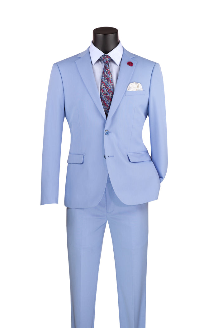 Close-up of light blue men's ultra slim fit stretch suit jacket fabric
