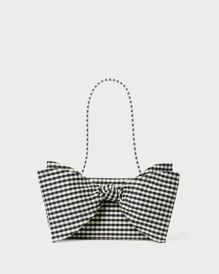 Valerie Black/White Gingham Bow Bag in brown and white gingham cotton silk.