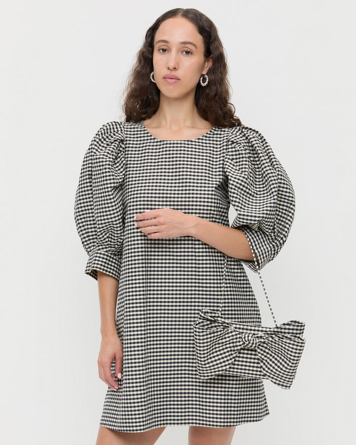Valerie Black/White Gingham Bow Bag in brown and white gingham cotton silk and WIlly Mini Dress in black and white gingham cotton.