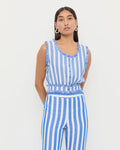 Veda Top in blue and cream striped cotton and Pasha Trouser in blue and cream striped cotton-linen.