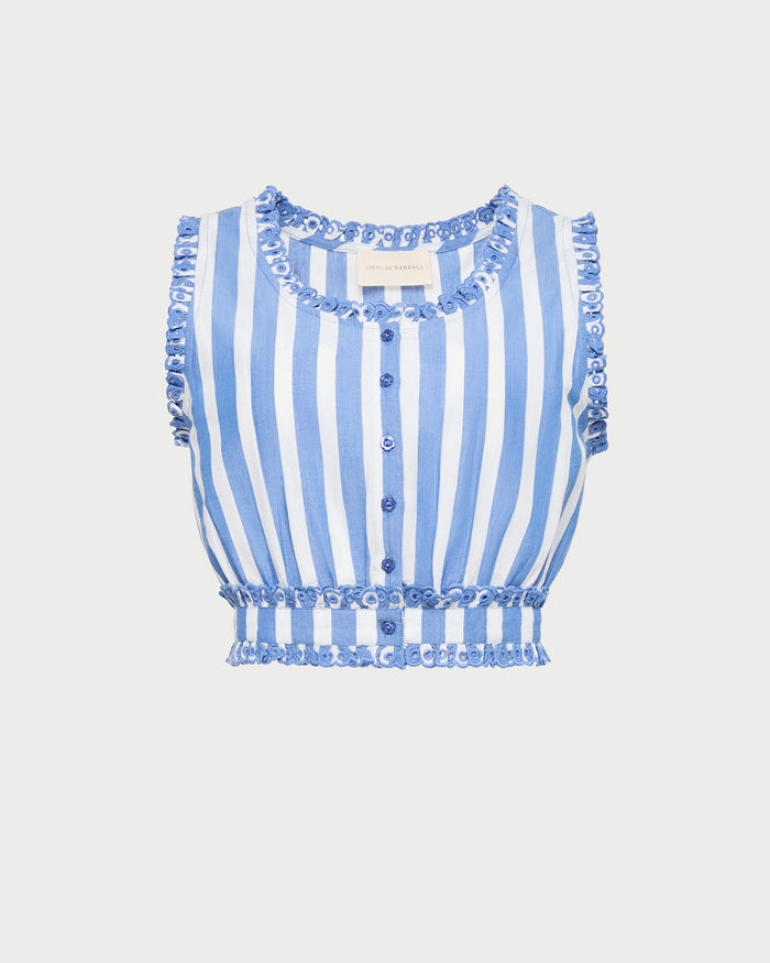 Veda Top in blue and cream striped cotton.