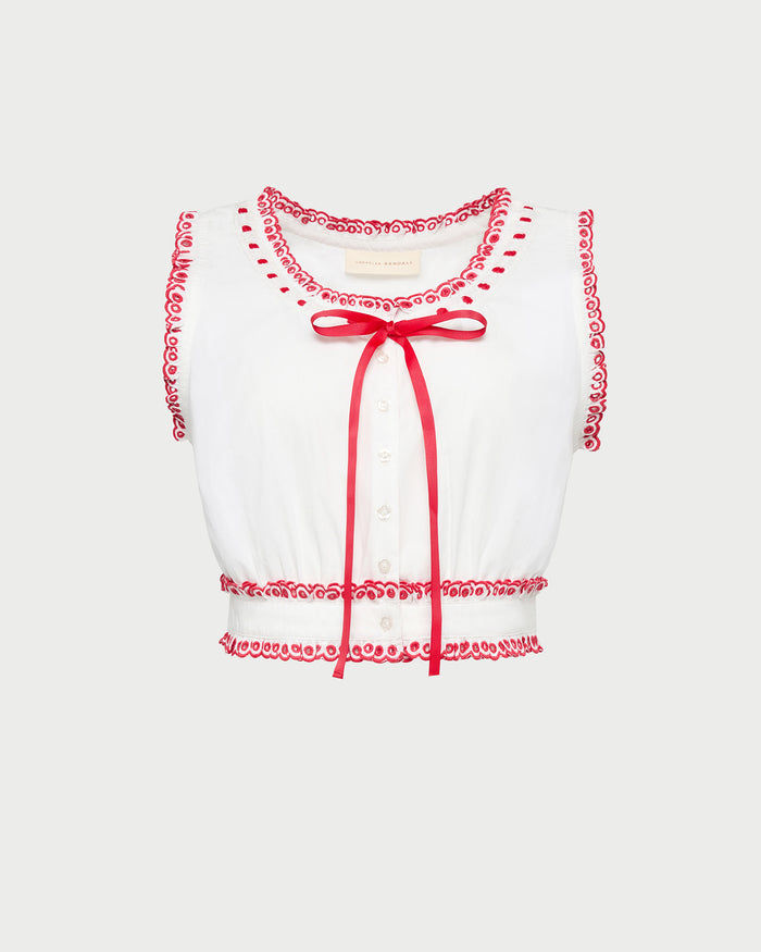 Veda Sleeveless Top in White/Red cotton.