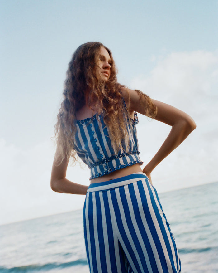 Veda Top in blue and cream striped cotton and Pasha Trouser in blue and cream striped cotton-linen.