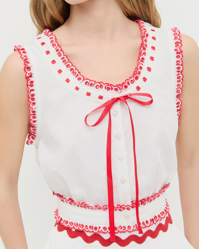 Veda Sleeveless Top in White/Red cotton.