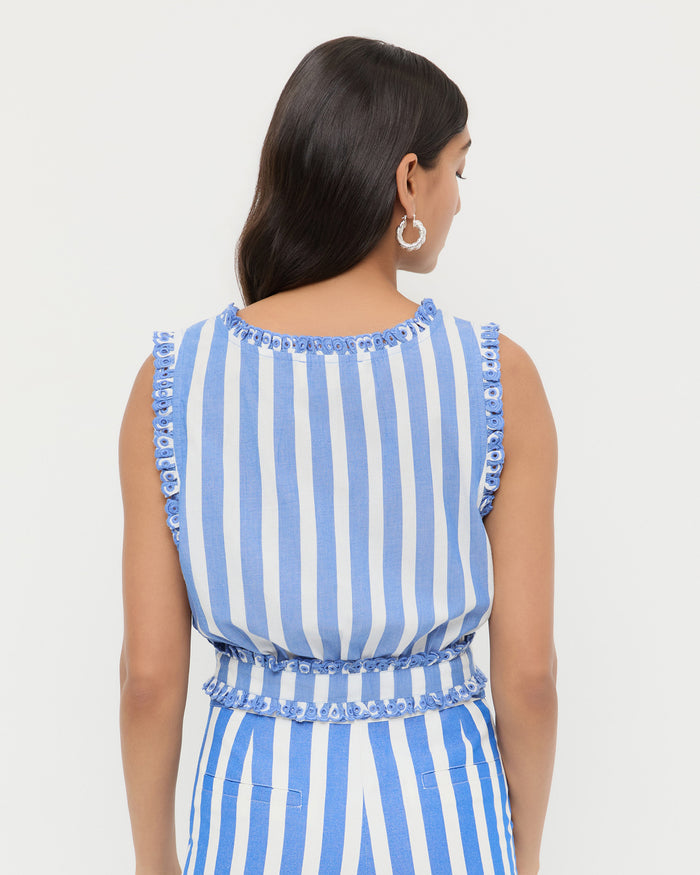 Veda Top in blue and cream striped cotton and Pasha Trouser in blue and cream striped cotton-linen.