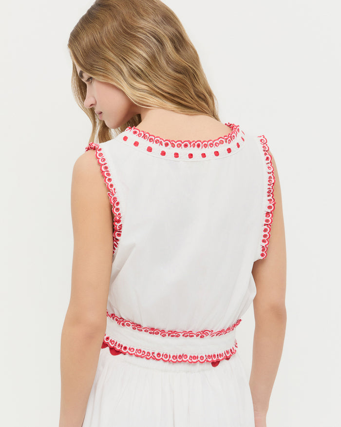 Veda Sleeveless Top in White/Red cotton.