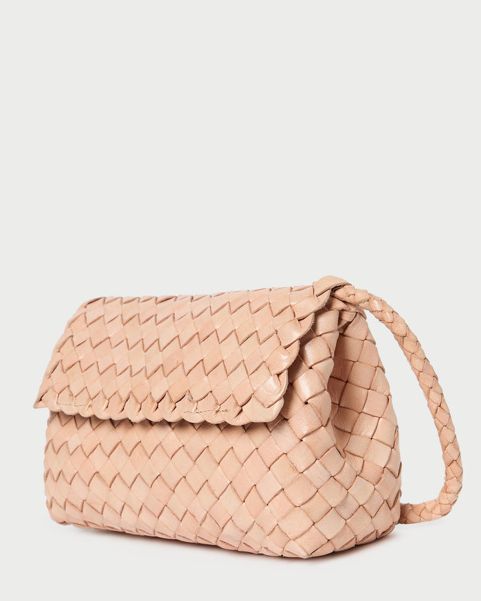 Vinnie Desert Sand Woven Crossbody in desert sand tan woven leather.