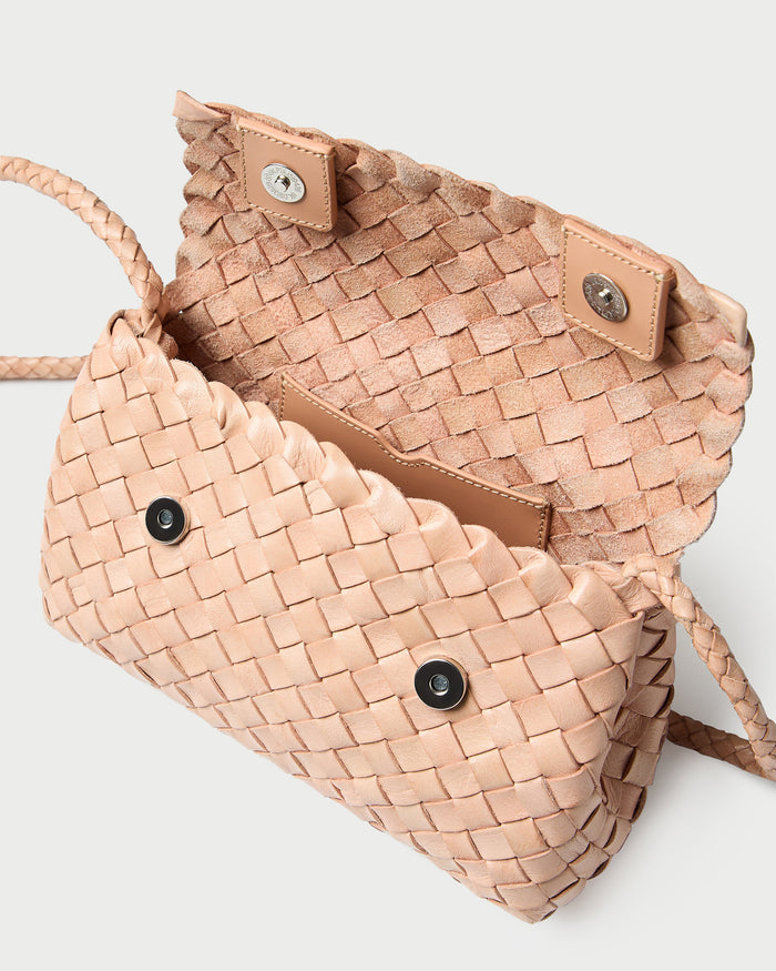Vinnie Desert Sand Woven Crossbody in desert sand tan woven leather.