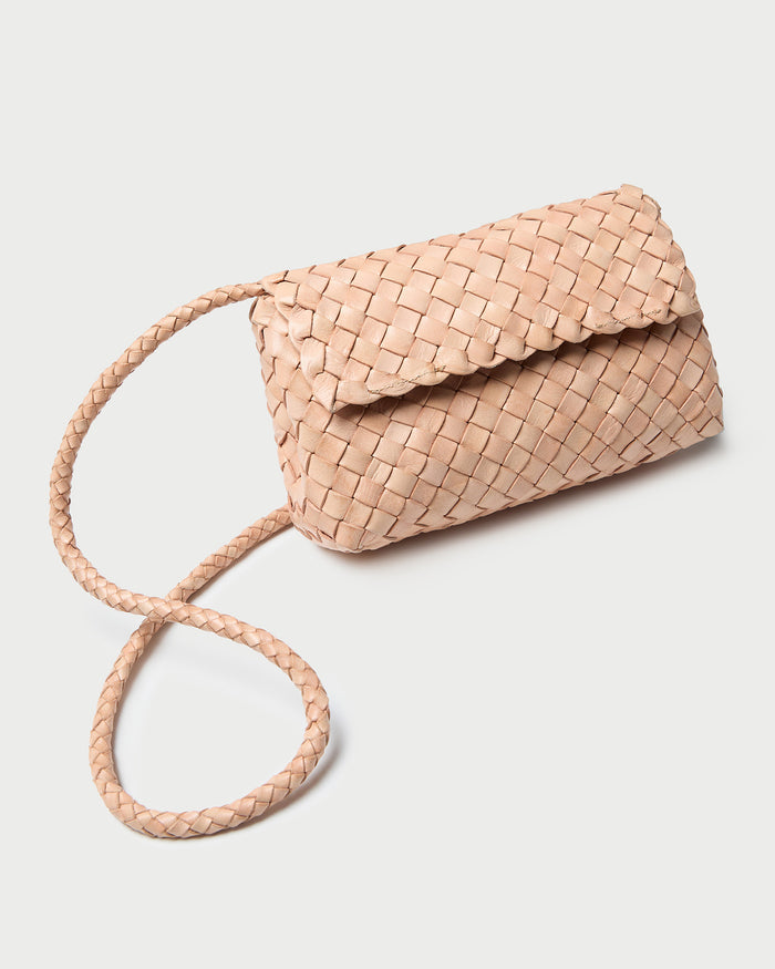 Vinnie Desert Sand Woven Crossbody in desert sand tan woven leather.