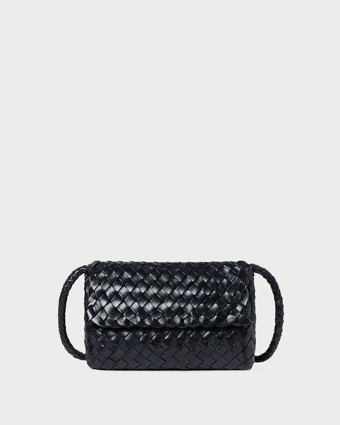 Vinnie Black Woven Leather Crossbody in black woven leather.