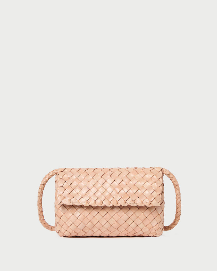 Vinnie Desert Sand Woven Crossbody in desert sand tan woven leather.