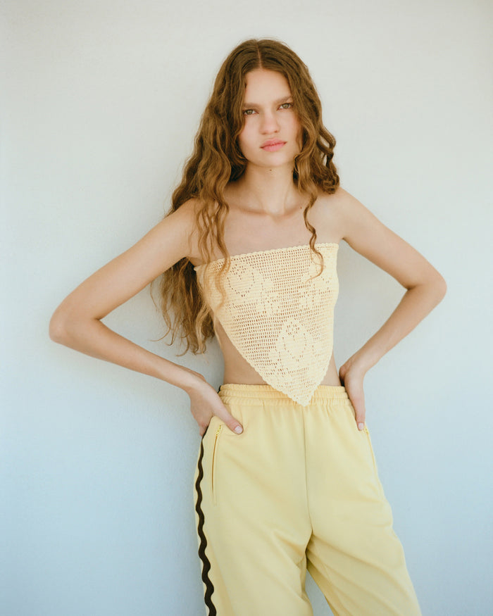 Viv Butter Crochet Scarf in butter yellow crocheted cotton.
