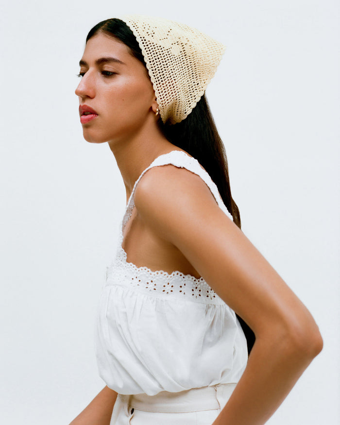 Viv Butter Crochet Scarf in butter yellow crocheted cotton and Emma Top in white cotton.