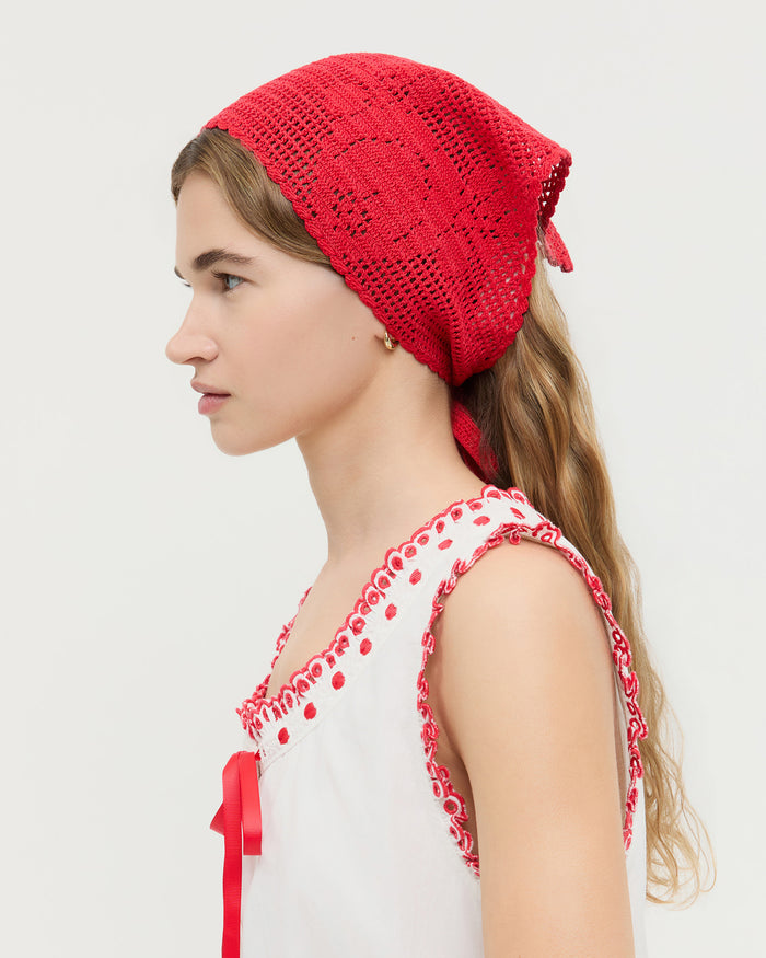 Viv Red Crochet Scarf in red crocheted cotton.