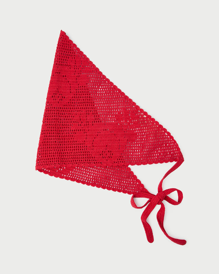 Viv Red Crochet Scarf in red crocheted cotton.