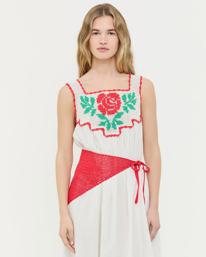 Viv Red Crochet Scarf in red crocheted cotton and Hetty Dress in white cotton with a flower crochet detail.
