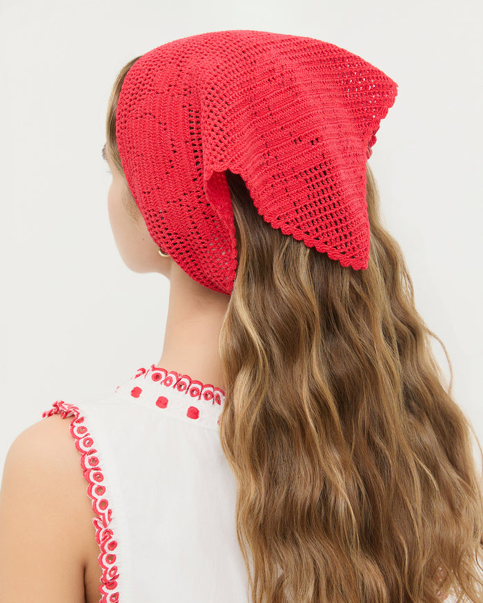 Viv Red Crochet Scarf in red crocheted cotton.