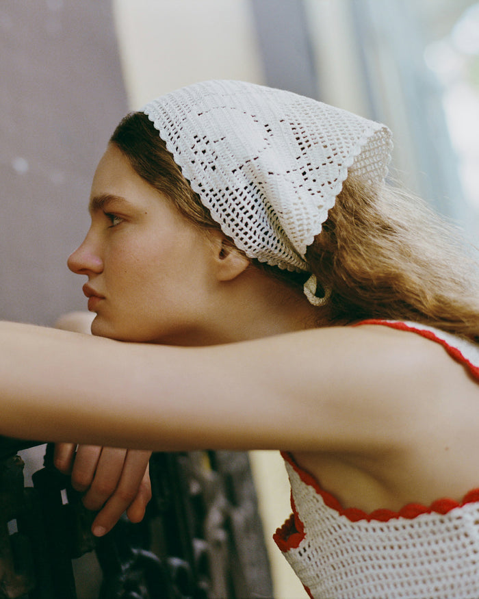 Viv White Crochet Scarf in white crocheted cotton and Juliette Top in white crochet cotton.
