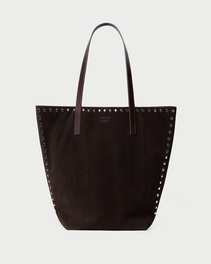 Walker Brown/Silver Suede Tote in brown suede and silver studs.