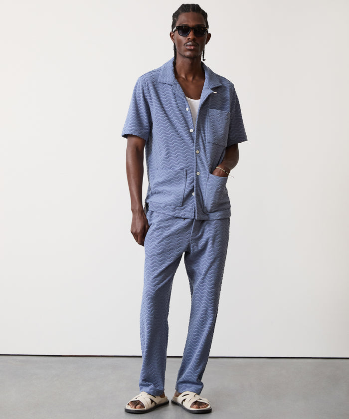 Wave Jacquard Terry Guayabera Polo Shirt in Steel Blue