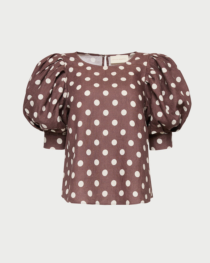 Waverly Top in brown and cream polka dot linen.