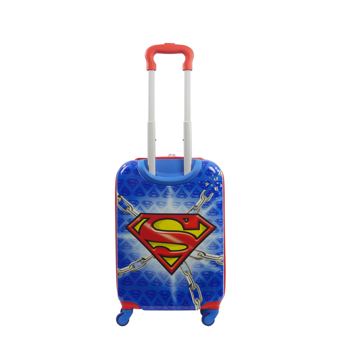 WB Superman kids 20.5-inch Hardside spinner carry-on blue rolling luggage back view chains