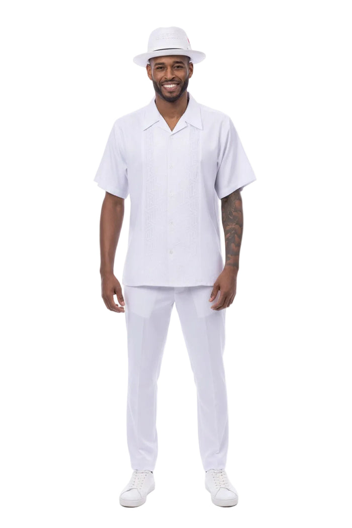 White geometric panel men's short sleeve walking suit