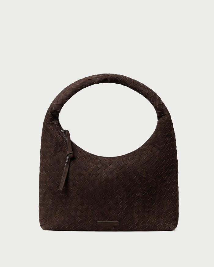 Willow Brown Suede Hobo Bag in brown woven suede.