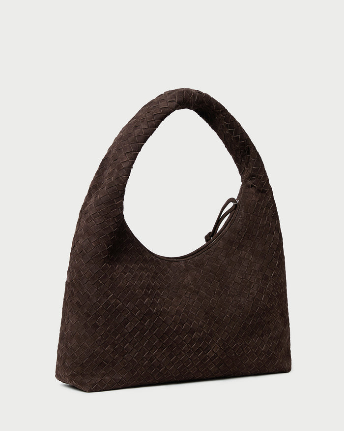 Willow Brown Suede Hobo Bag in brown woven suede.