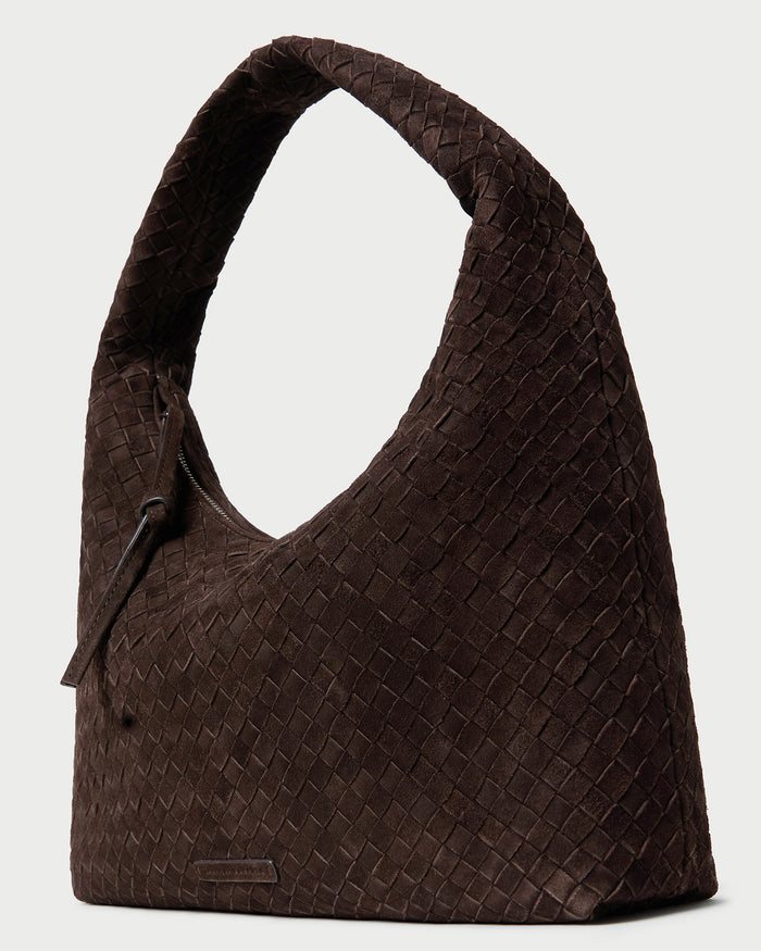 Willow Brown Suede Hobo Bag in brown woven suede.
