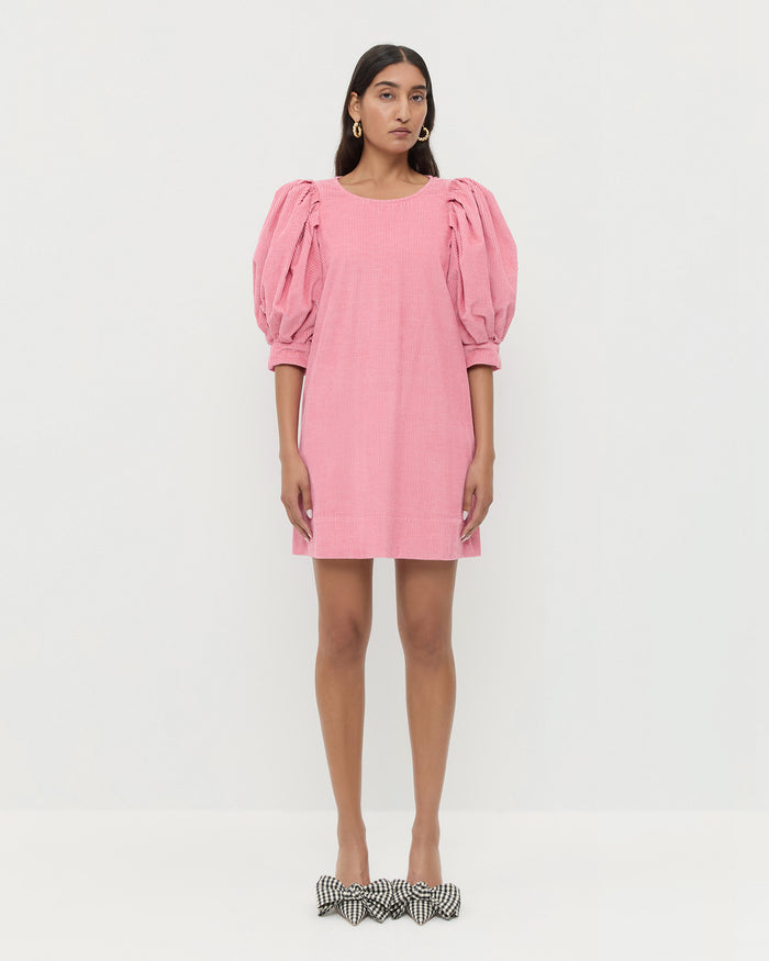 Willy Mini Dress in pink corduroy and Margot Black/White Gingham Bow Heels.